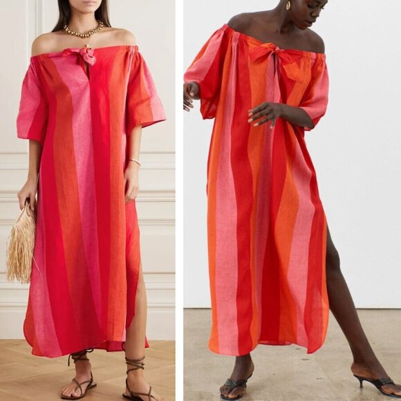 Mara Hoffman Kamala Off the Shoulder Striped Midi Dress Linen Beach Pool Light - Picture 1 of 10